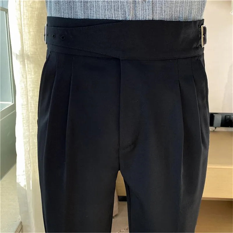 Men High Waist Casual Dress Pant Men Belt Design Slim Trousers