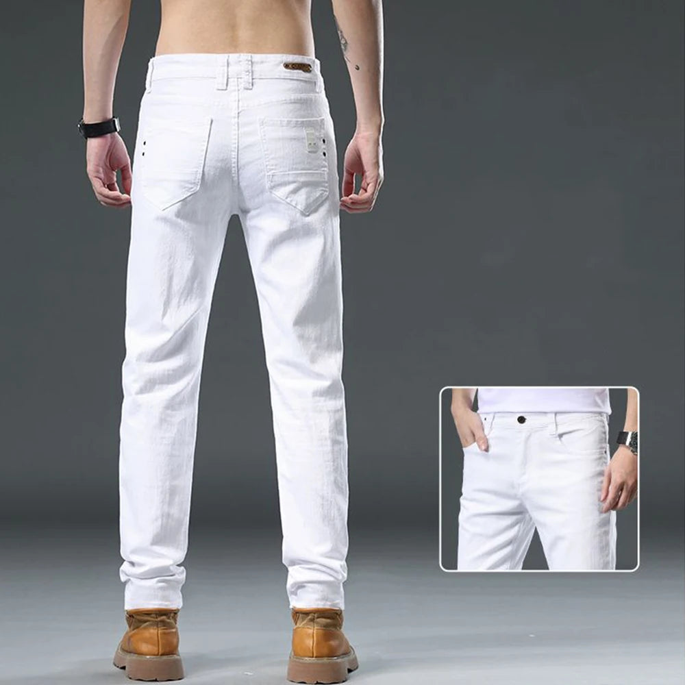 2025 Autumn Men's White Slim Fit Straight Jeans Casual Stretch Denim Pants Comfortable Fashion Streetwear Male Brand Clothing