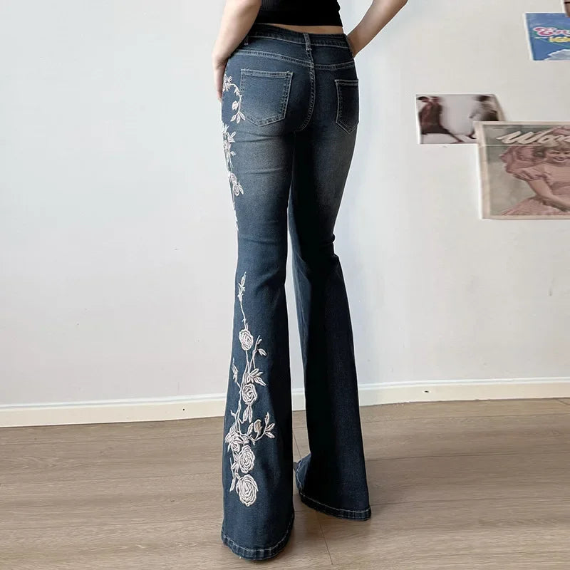 Women Retro Y2k Jeans Baggy Floral Embroidery Jeans Vintage 2000s Low Rise Flared Denim Pants High Street Basic Trousers