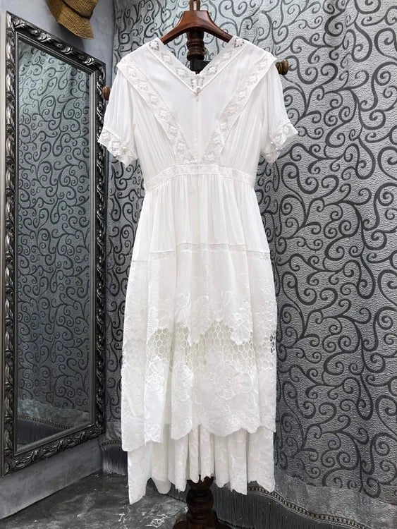 Gypsylady Floral Embroidery Chic Midi Dress White Cotton Summer Boho Women Tiered Dresses Puff Sleeve Sheer Sexy Holiday Vestido