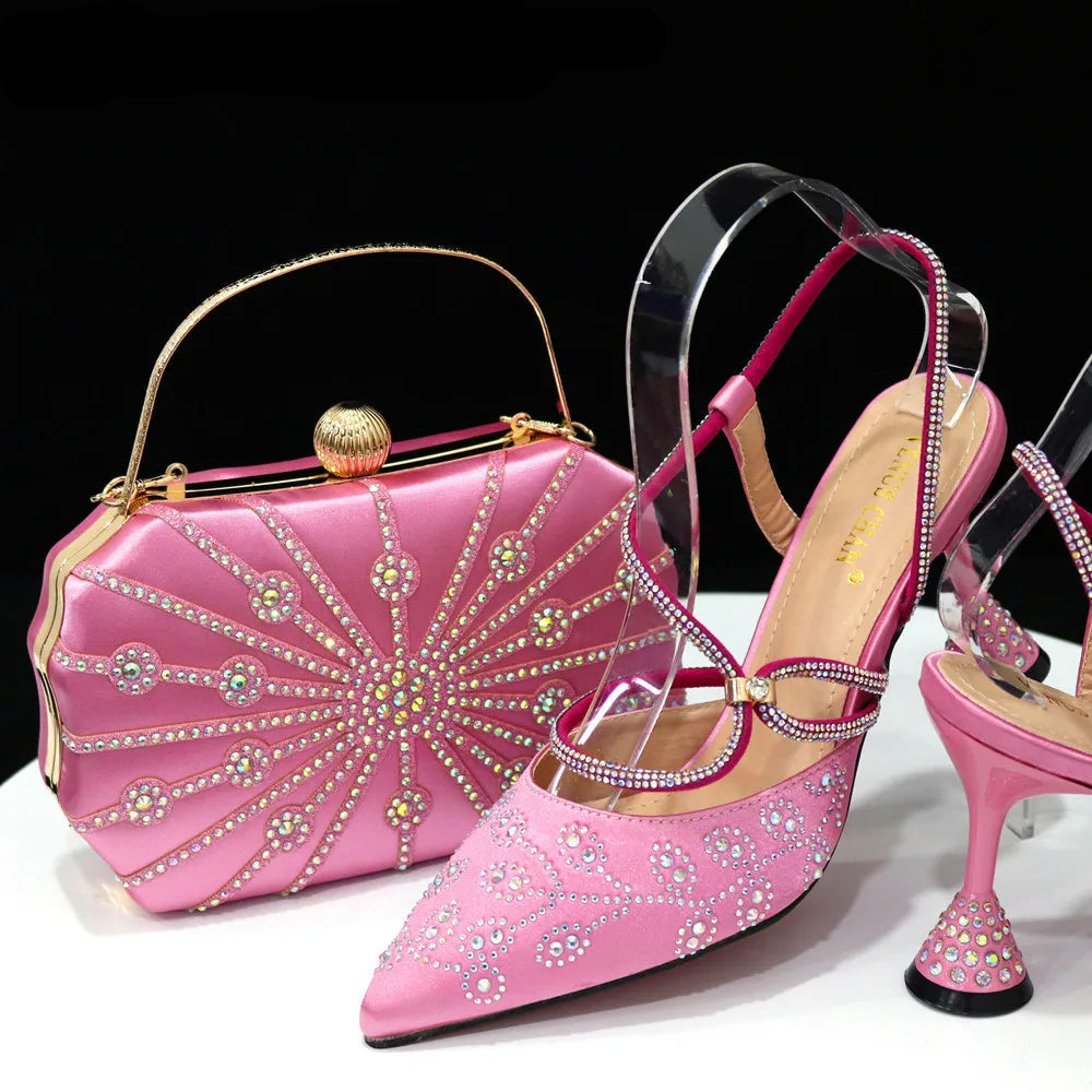 Ladies High Heels And Bags In Same Color Shiny Material for Wedding Party
