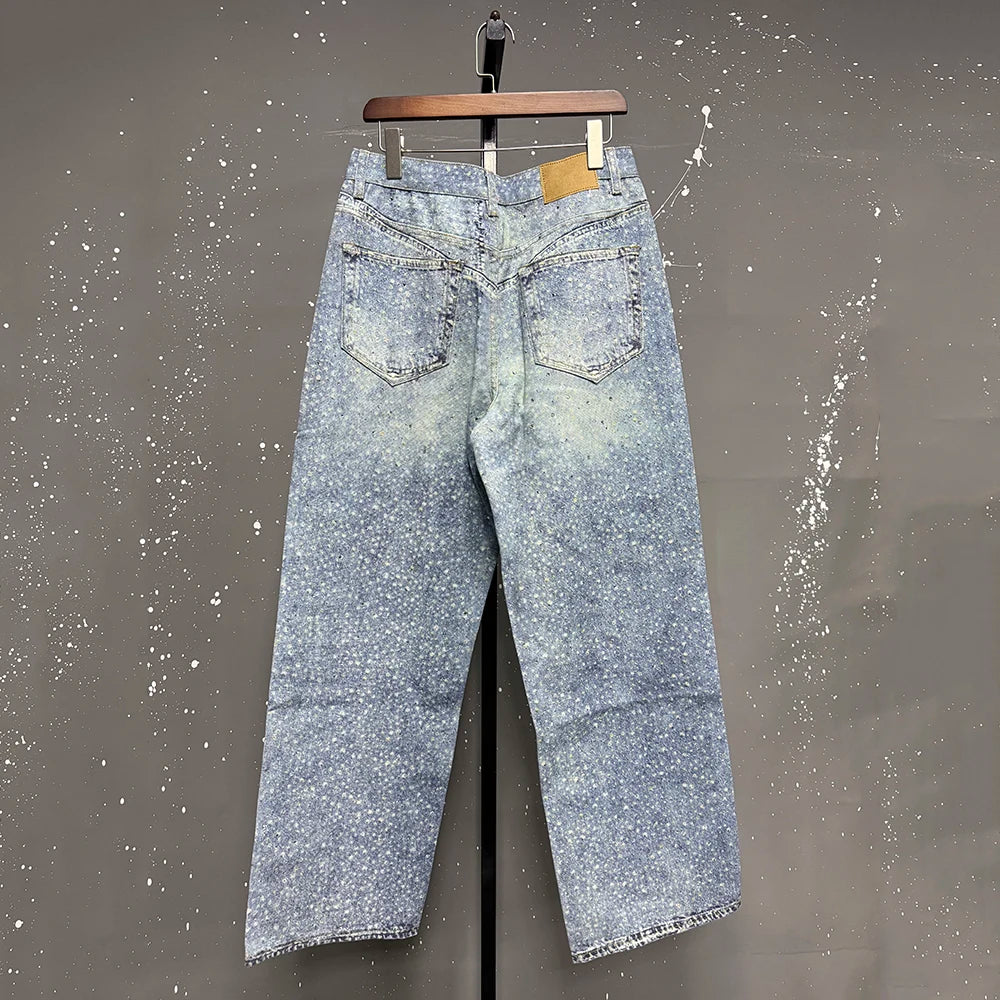 PFNW American Rhinestone Printed Design Vintage Jeans Men's Streetwear Hip Hop Mens Clothing Loose Wide Leg Pants Trendy 28W4644