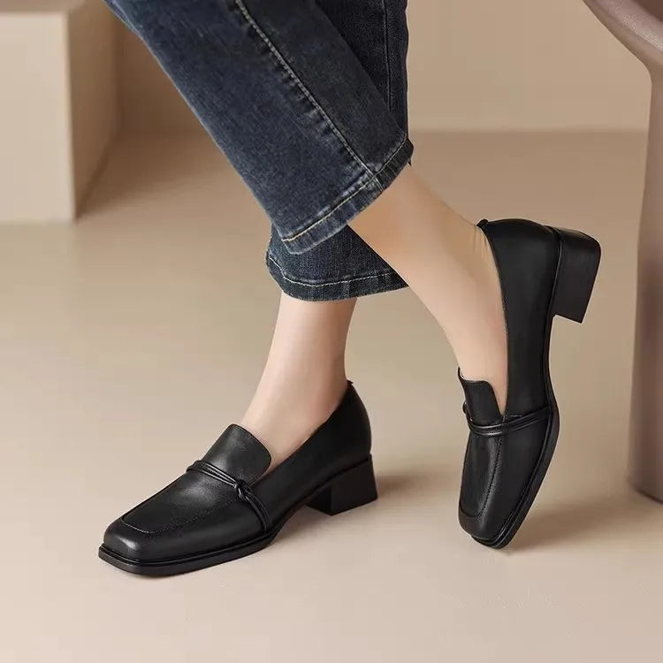 2024 Phoentin classic Loafers Women Genuine Cow Leather square Toe pumps Slip-on Retro Lady Casual cozy Shoes Handmade