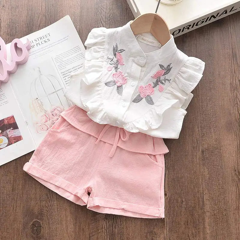 Casual Girl's Embroidered Sleeveless Shirt+Shorts