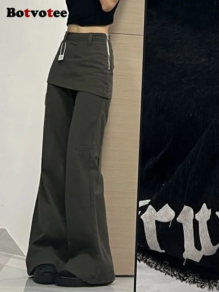 Botvotee Streetwear Fake Two-Piece Plus size Wide Leg Jeans for Women 2025 New Y2k Fashion High Waisted Flare Denim Pants