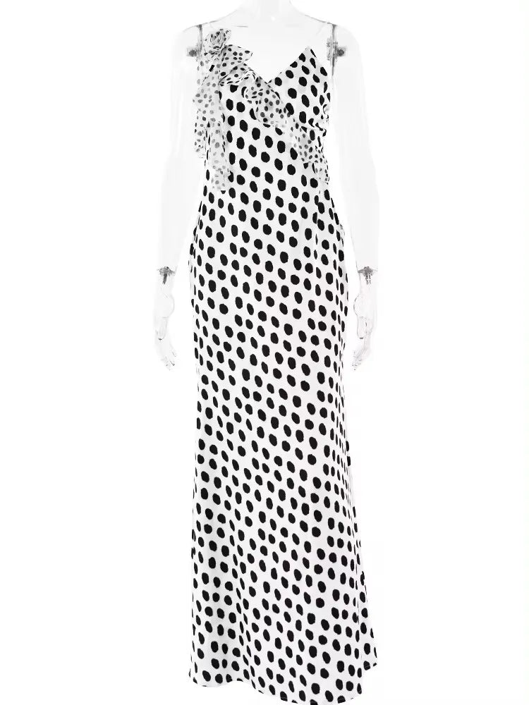 Backless  Print Dots Flower Women Maxi Dress Spaghetti Strap Evening Dress
