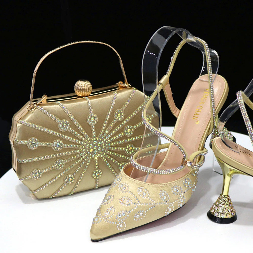 Ladies High Heels And Bags In Same Color Shiny Material for Wedding Party
