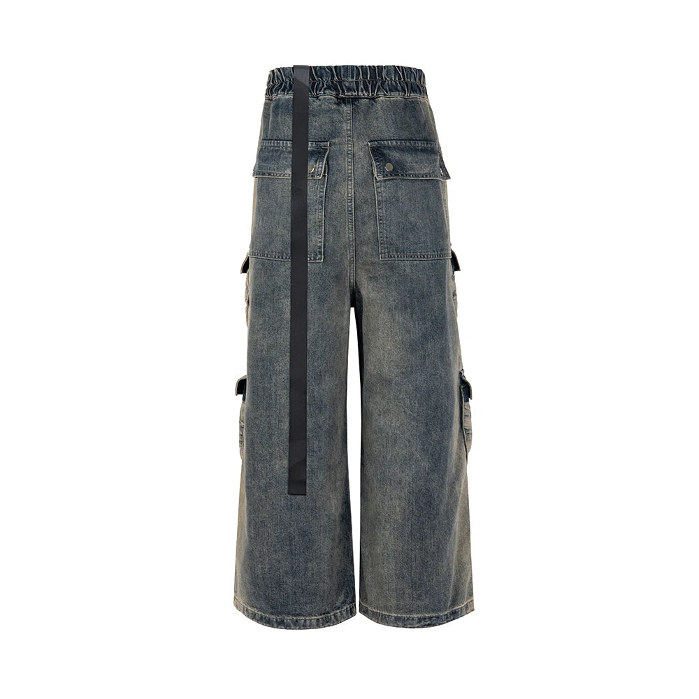 RO Style Gradient Ribbons Multi-pockets Drawstring Jeans for Men
