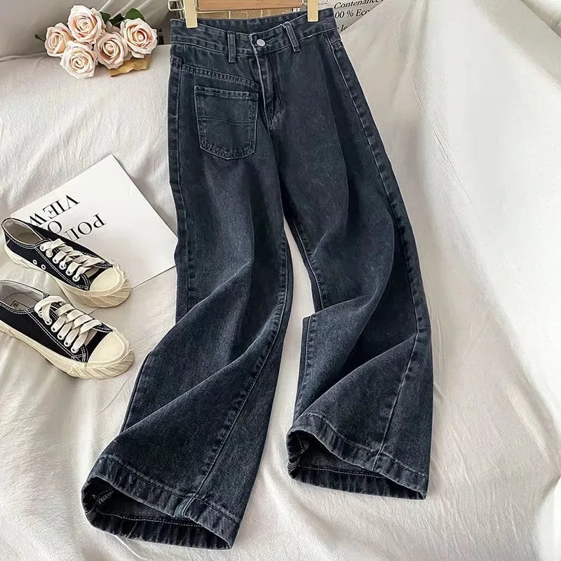 Autumn Spring Jeans Women Denim Pants  Vintage Straight Trousers Fashion Female Solid Pocket Casual Jeans Wide Leg Pants