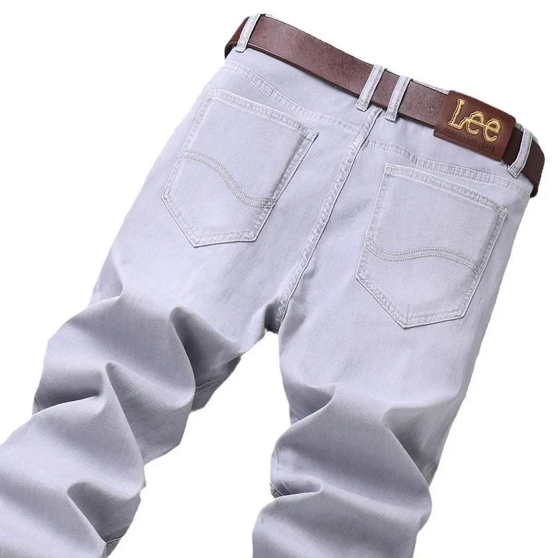 Lee Dex Cross-Border Trade Men's Straight-Leg Slim Fit Jeans Spring Summer Thin Light Grey Stretch Business Youth Casual Denim