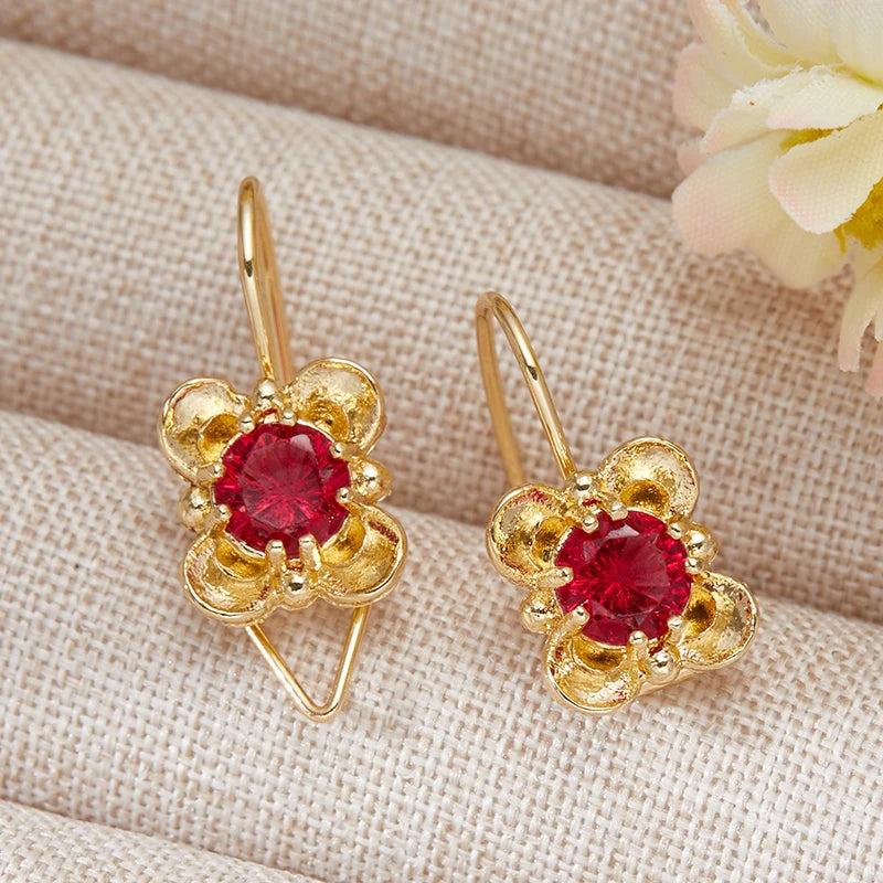 Vintage Gold Color Red Crystal Zircon Ear Earrings For Women