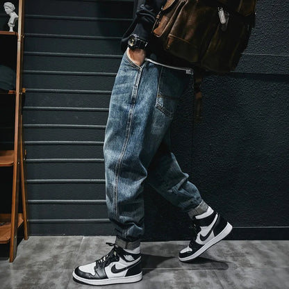 Fashion Streetwear Men Jeans Retro Blue Casual Denim Cargo Pants