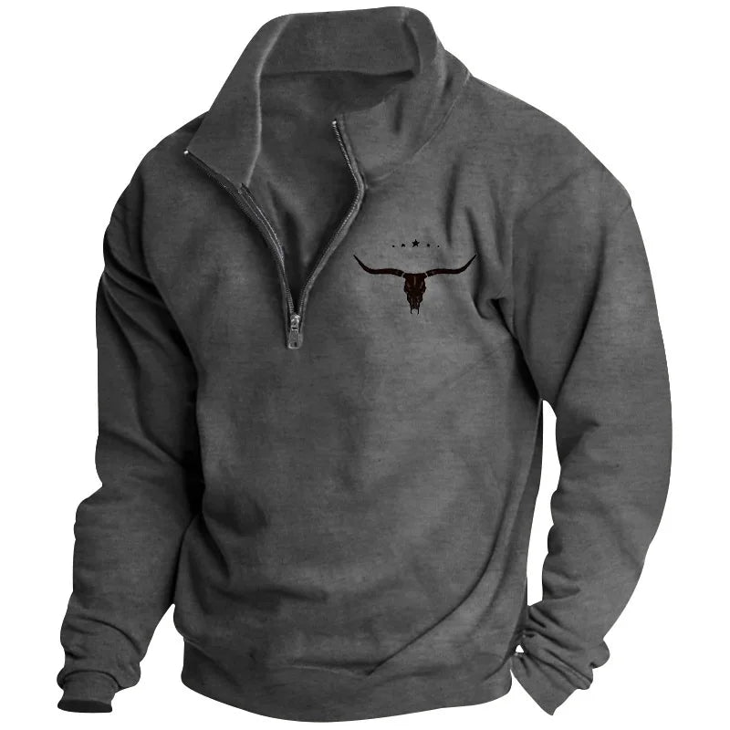 Men's Long-Sleeved Sweatshirt Autumn Winter Fleece European American Style Half-Zipper Stand-Up Collar Solid Color Bull Head Pri