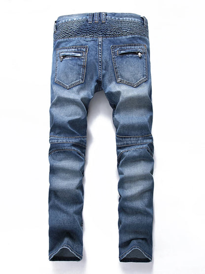Men Casual Biker Denim Jeans Stretch Pants Solid Regular Fit Jeans