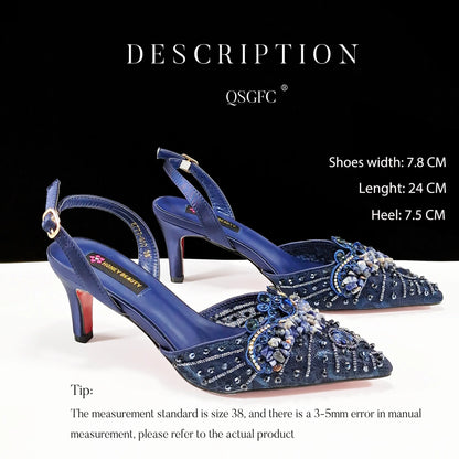 Elegant Women Heels Shoes And Bag Set Rhinestone with Coral Shoes