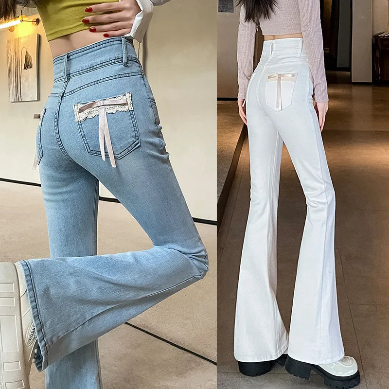Women's New Slim Jeans Stretch Spice Girls Bow Lace Splicing Micro Jeans Female Slim High Waist Thin Horseshoe Pants Jeans