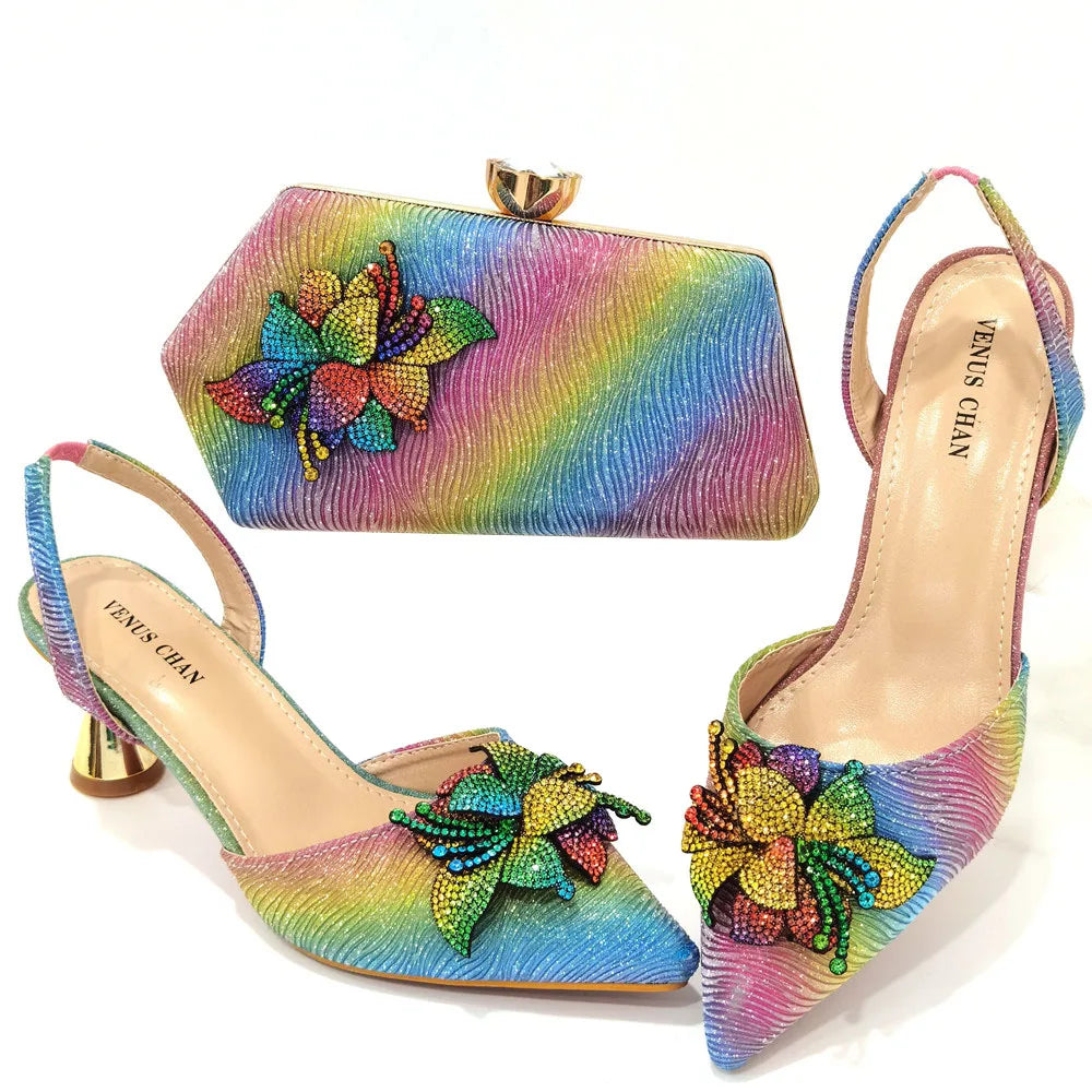 Pointed Rhinestone Stiletto High Heels Royal Pink Shoes And Bags Women