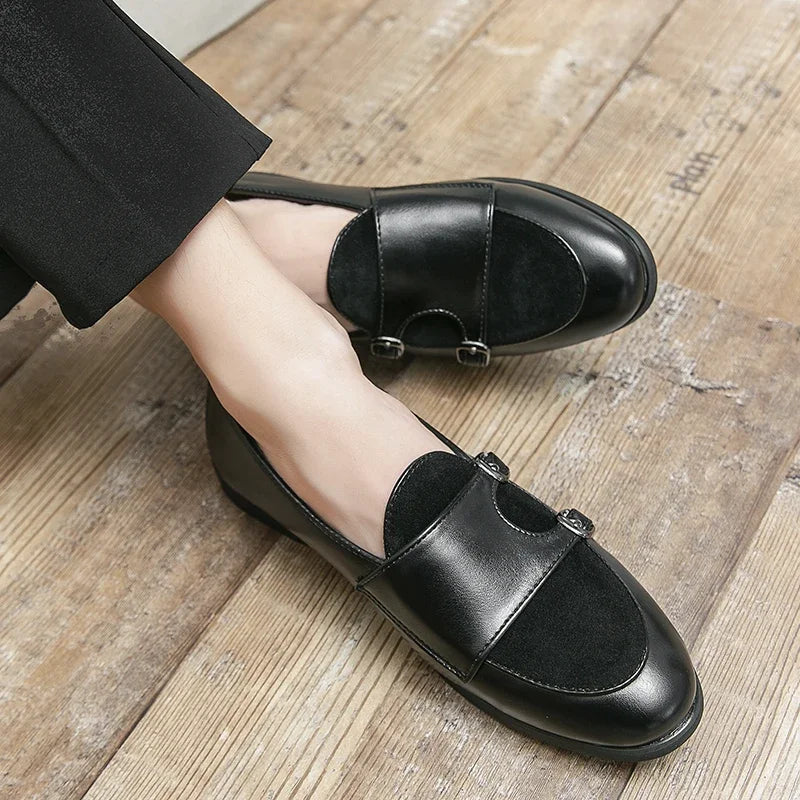 Men leather formal monk strap shoes slip on double buckle loafers large size 48