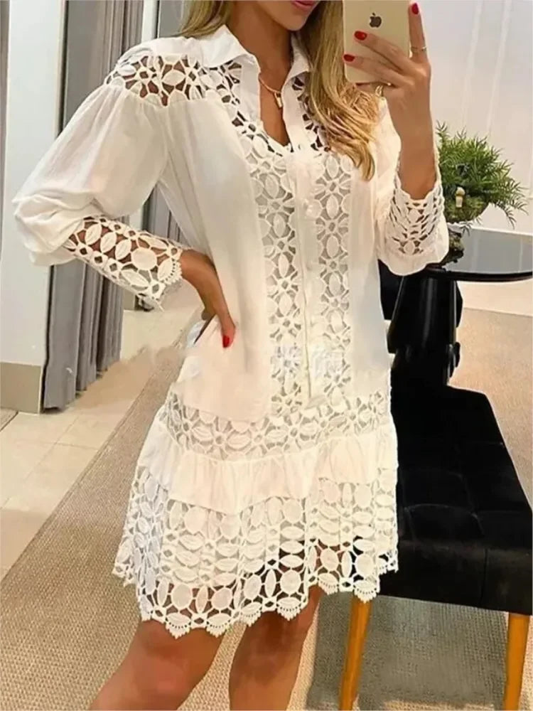 Women Long Sleeve 2 Piece Sets Solid Color Lace Splicing Elegant Prom Dress