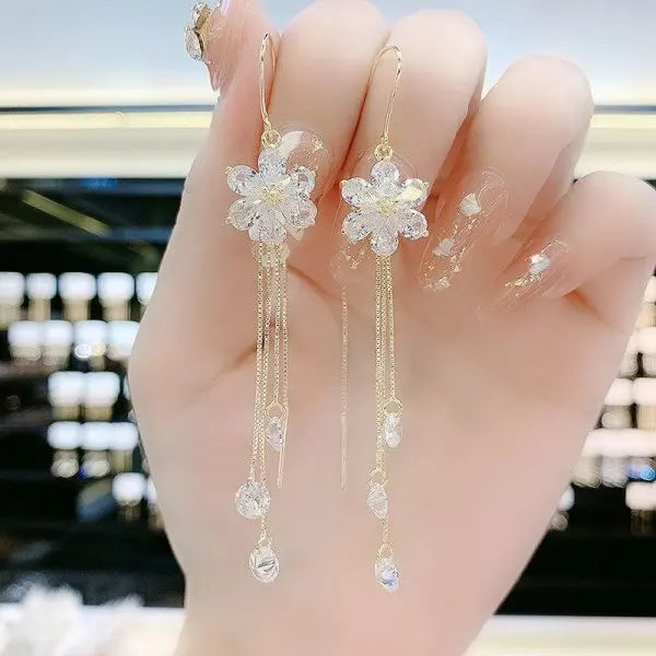 Gold Plated Crystal Leaf Tassel Drop Earrings for Women