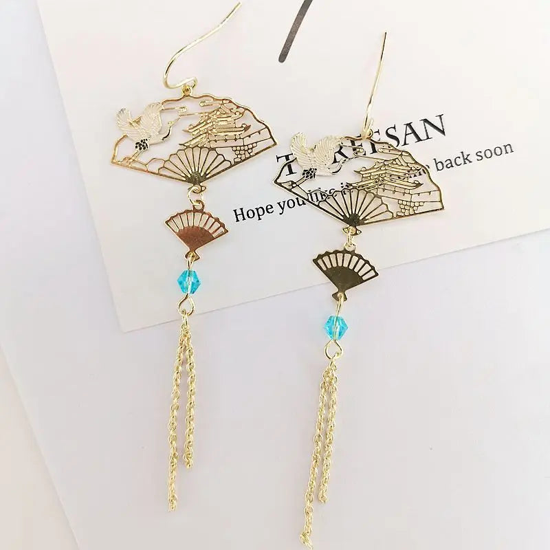 Folding Fan Crane Dangle Earrings For Women