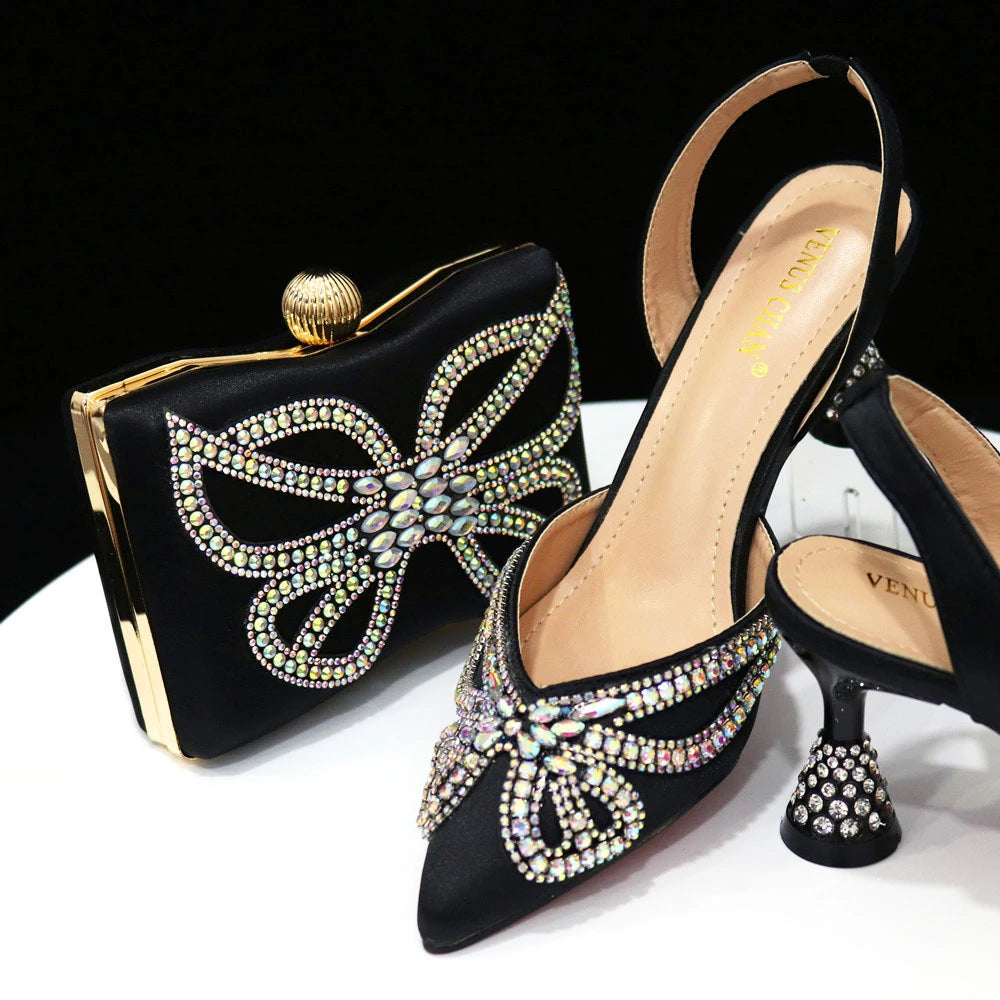Elegant Green Bling Bow Pointed Toe Pumps for Women and Bags