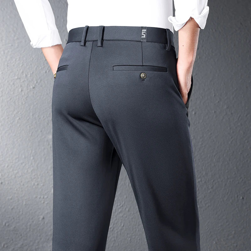 Stretch Suit Pants Men's Summer Thin Straight Business Trousers Ice Silk Casual Drape Breathable Formal Male Work Clothes