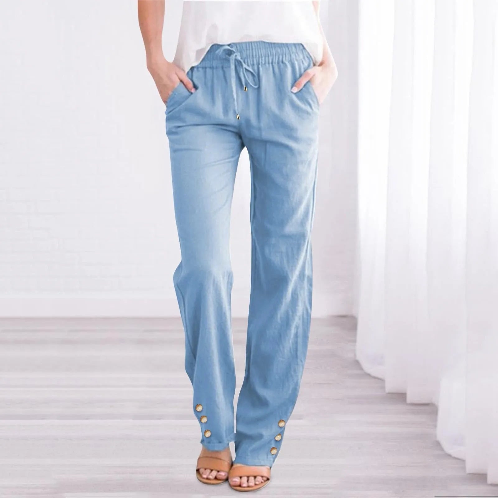 Women'S Fashionable Pants Casual Summer New Straight Trousers Solid Color Casual Slim-Fit With Pockets Buttoned Daily Pants