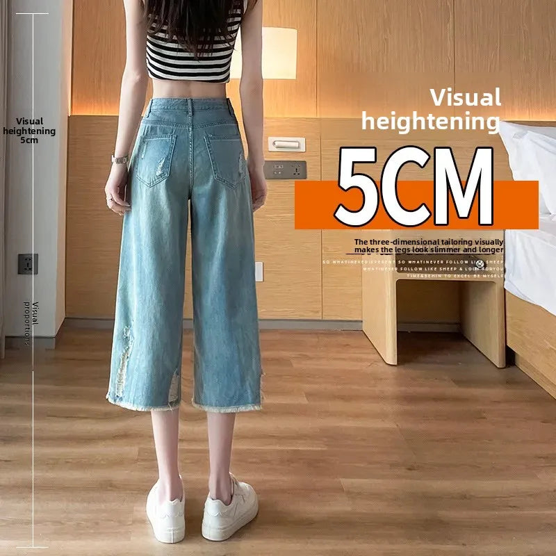 Retro Hole Straight Leg Denim Jeans Women Summer High Waist Loose Slim Small Size Summer Clothes Nostalgic Wide Leg Pants