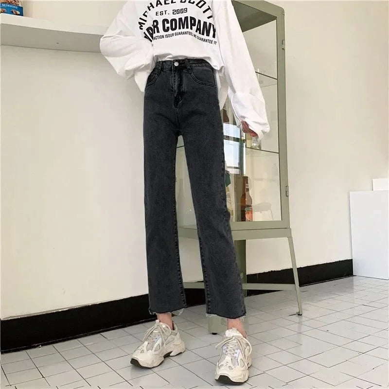 High Waist Elastic Denim Jeans Women's Loose Straight Slimming Student Versatile Small Size Nine Tube Pants Trendy