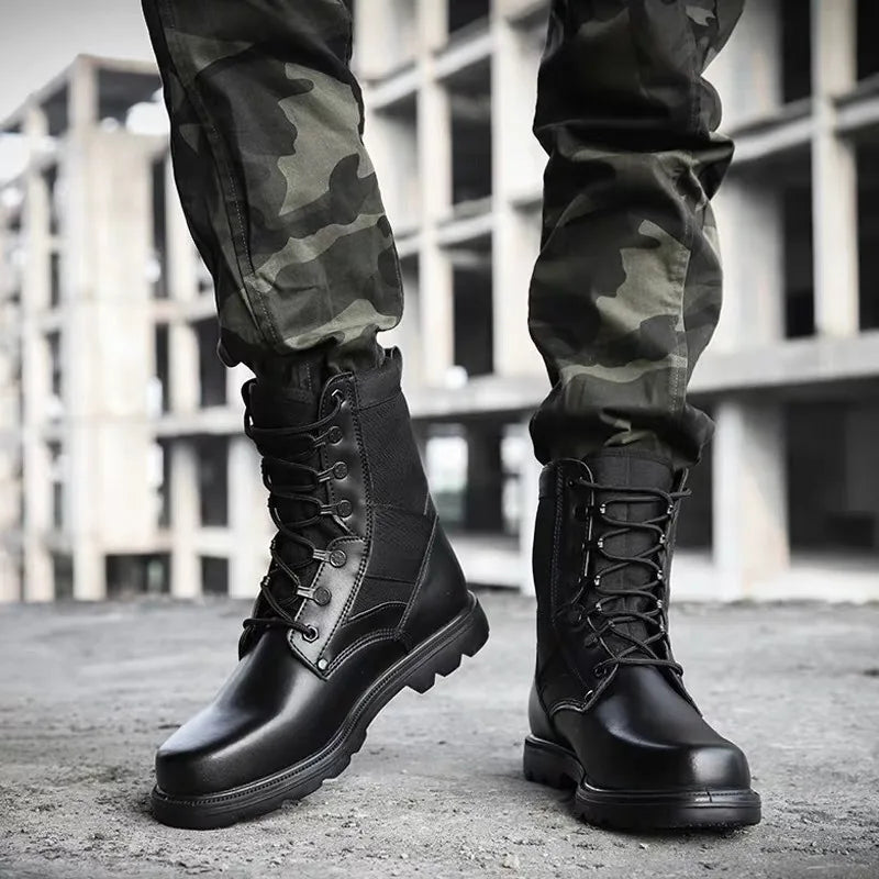 Men's Security Boots Black High-top Leather Boots Outdoor Tactical Combat Boots Anti Slip Hiking Boot Hunting Safety Shoes Botas