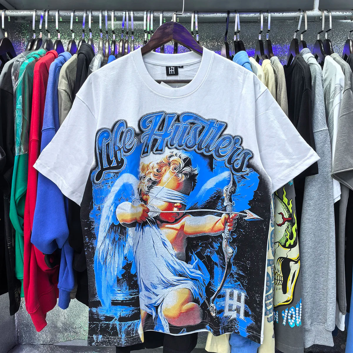 Masked Angel Shooting Arrows Diamond Cotton Short Sleeve Tshirts for Men and Women Crew Neck Loose Summer T-shirt Oversized Tees