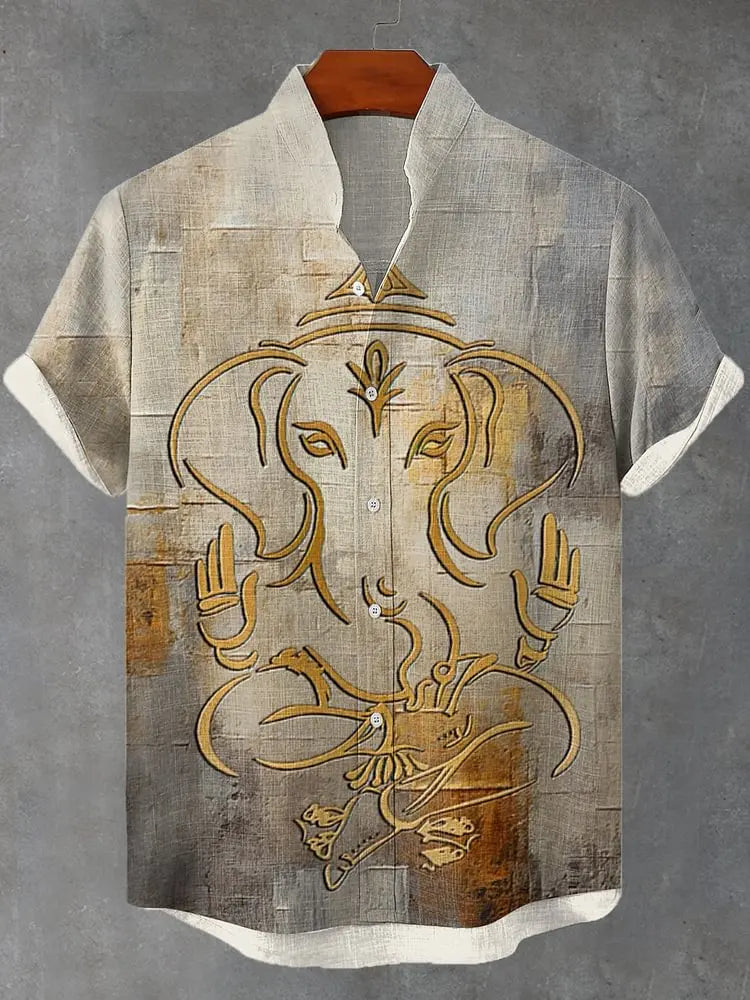 Retro African tribal totem pattern printed men's new linen comfortable fabric short sleeved shirt for casual street wear