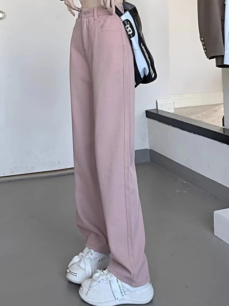 Girls High Waist Wide Leg Jeans Lady High Street Denim Straight Leg Pants Female Retro Blue Light Blue Black Gray Pink Trousers