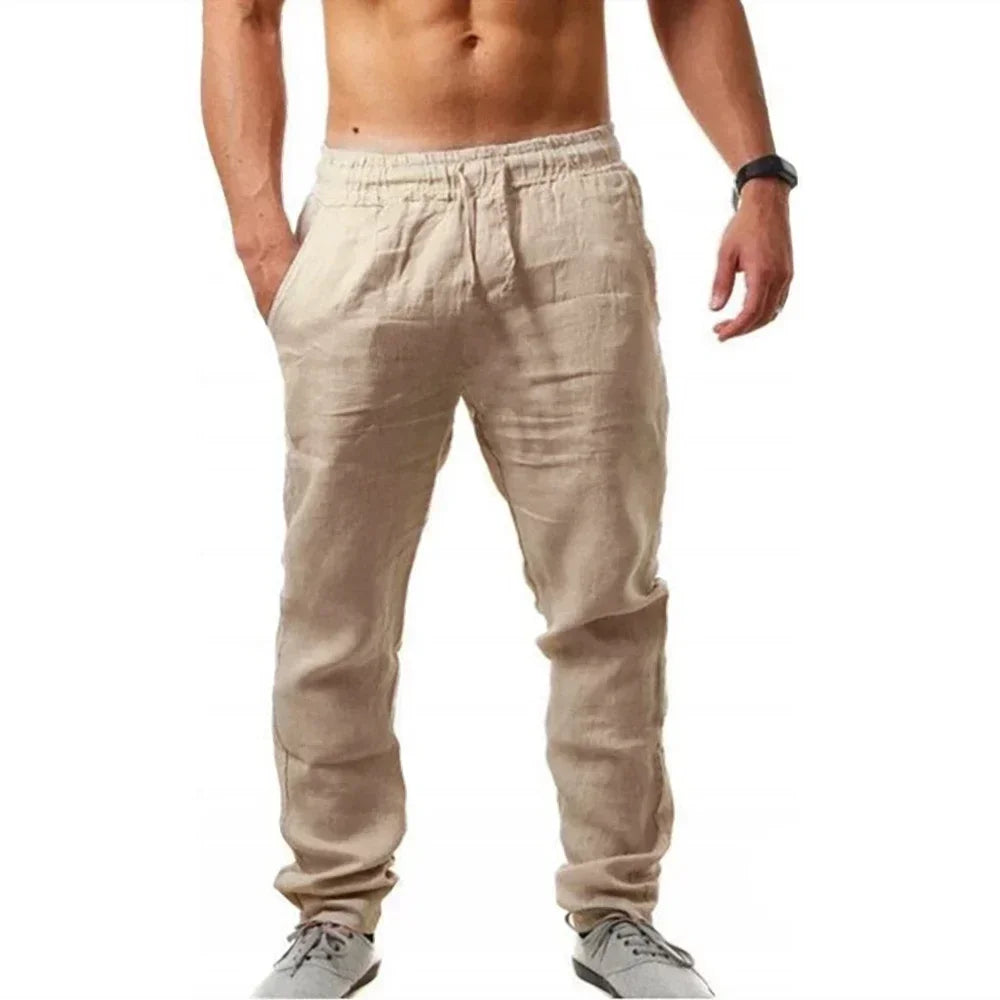 Men's Linen Pants Cotton Linen Long Pants Summer Casual Loose Drawstring