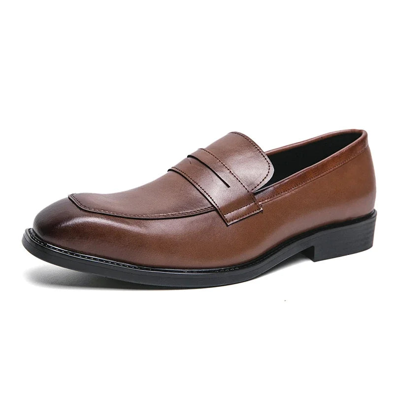 Fashion Penny Loafers Leather Men Shoes Simple Pointed Toe Slip on Dress Business Suit Casual Party Wedding Shoes for Man Brown
