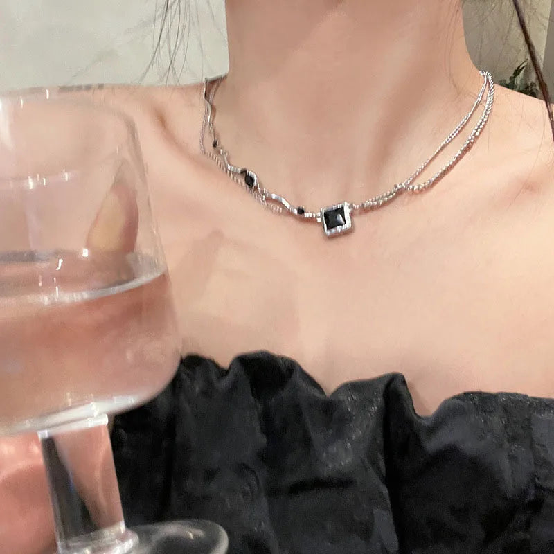 Black Square Pendant Double Layer Necklaces for Women