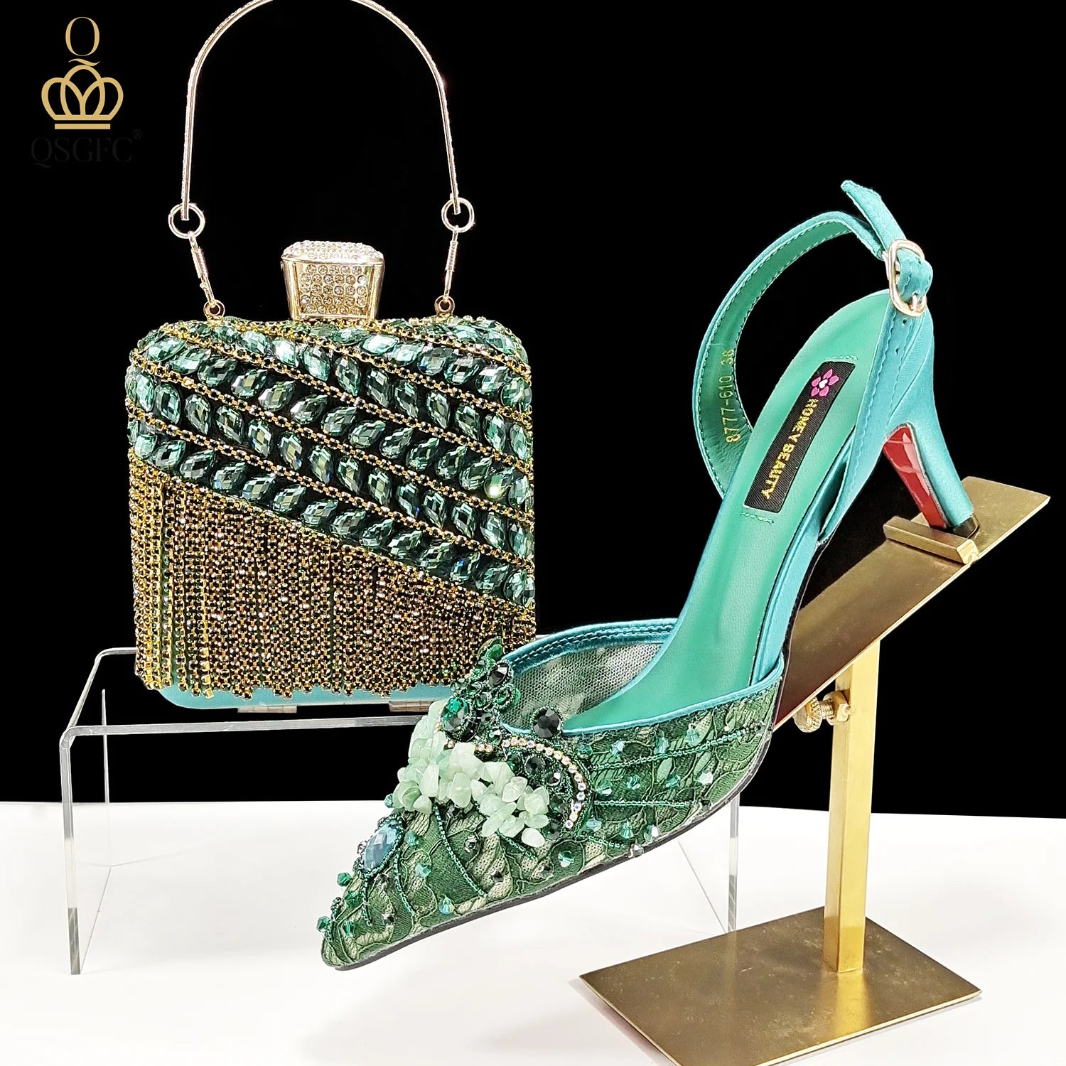 Elegant Women Heels Shoes And Bag Set Rhinestone with Coral Shoes