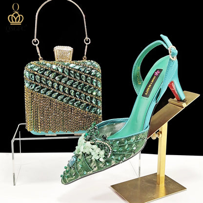 Elegant Women Heels Shoes And Bag Set Rhinestone with Coral Shoes