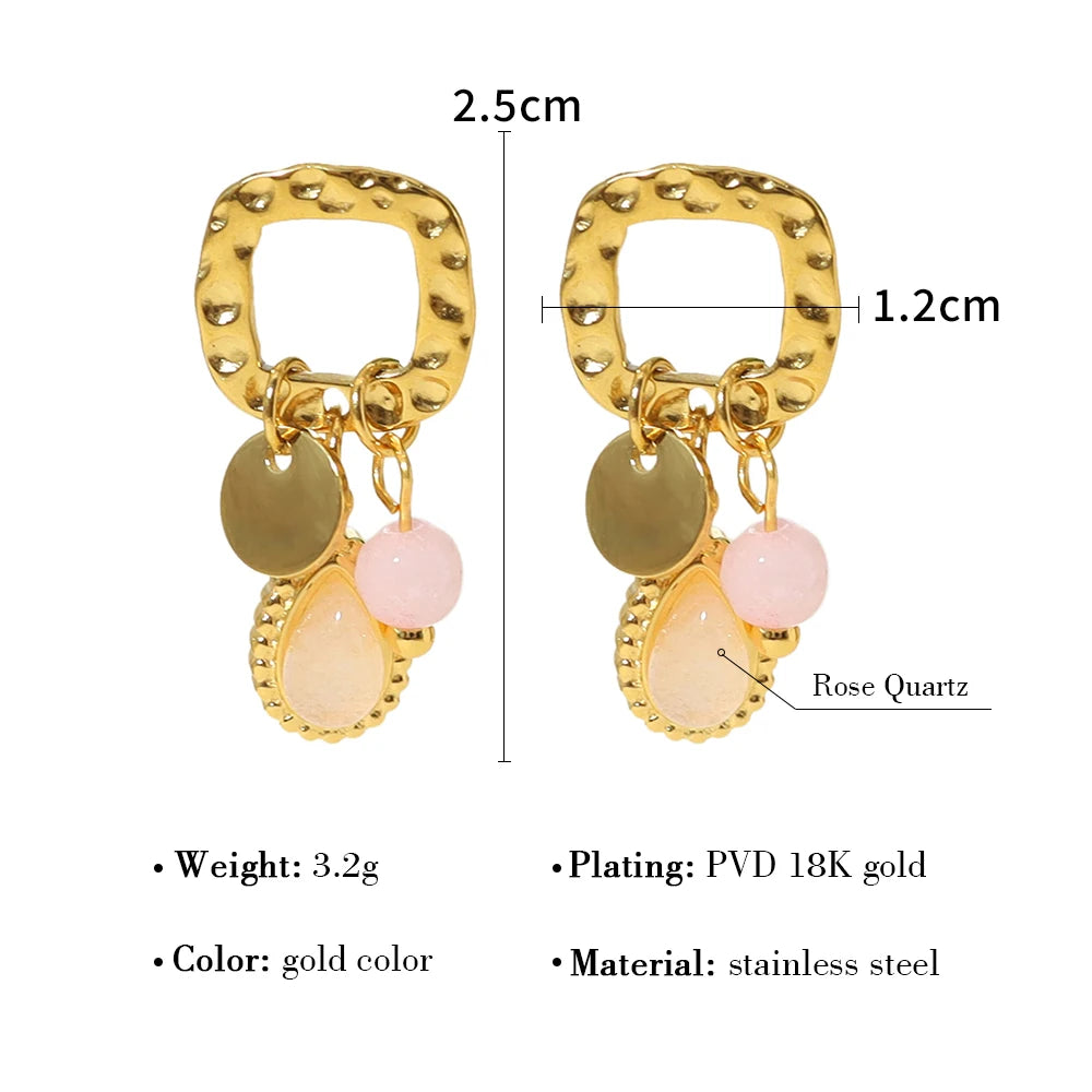 Gold Plated Stainless Steel Natural Stone Drop Earrings for Women