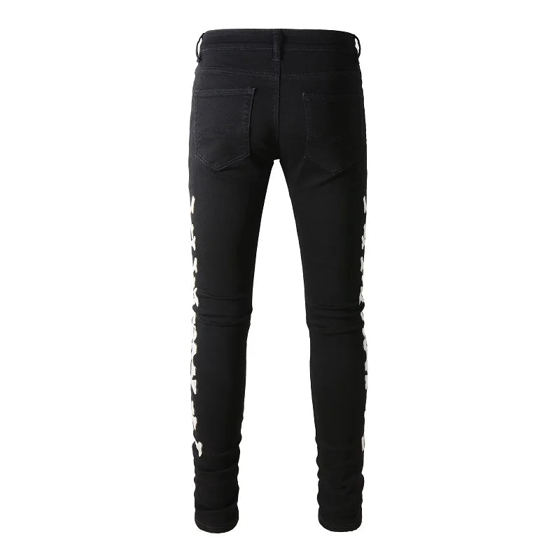 Classical White Bones Patchwork High Street Slim Fit Ripped Jeans