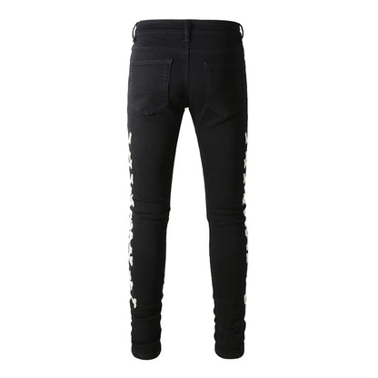 Classical White Bones Patchwork High Street Slim Fit Ripped Jeans