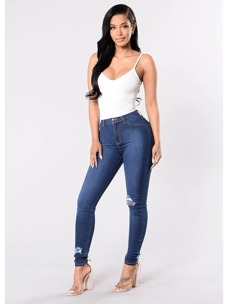 2024 Women Stretch Skinny Ripped Jeans Lady High Waist Pencil Long Pants Narrow Straight Leg Wrap Hips Plus Size S-3XL Trousers