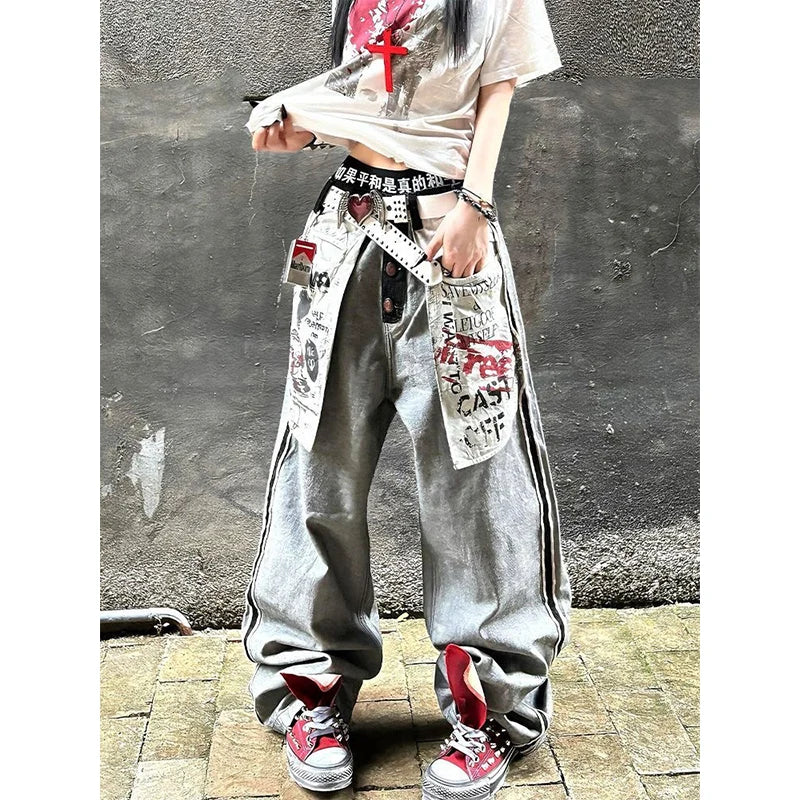 Women's Grey Gothic Y2k Oversize Jeans Harajuku Vintage Baggy Denim Trouser Japanese 2000s Style Boyfriend Jeans Pants Summer