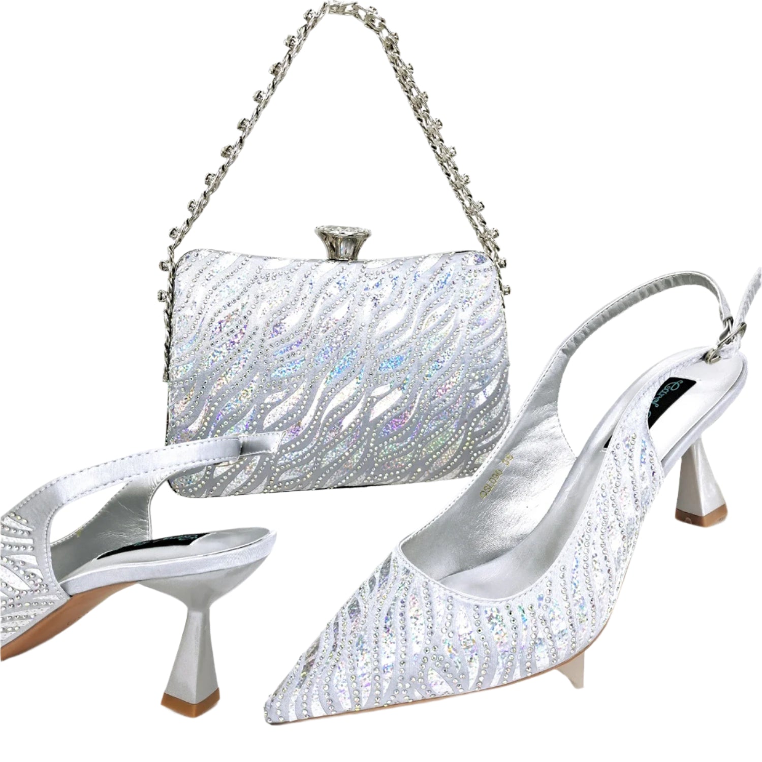 Ladies Heel and Bag Set Full Diamond Fashion Silver Color Pumps