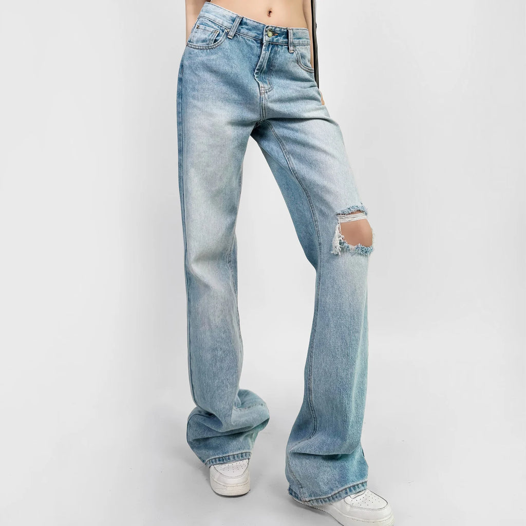 High‑Waist Straight‑Leg Distressed Jeans — Relaxed Fit with Knee Rip & Washed Finish