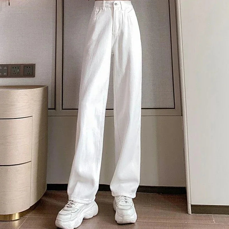 Women Spring High Waist Loose Denim Wide Leg Jeans Lady Street Korean Version Baggy Pants White Fashion Straight Leg Trousers