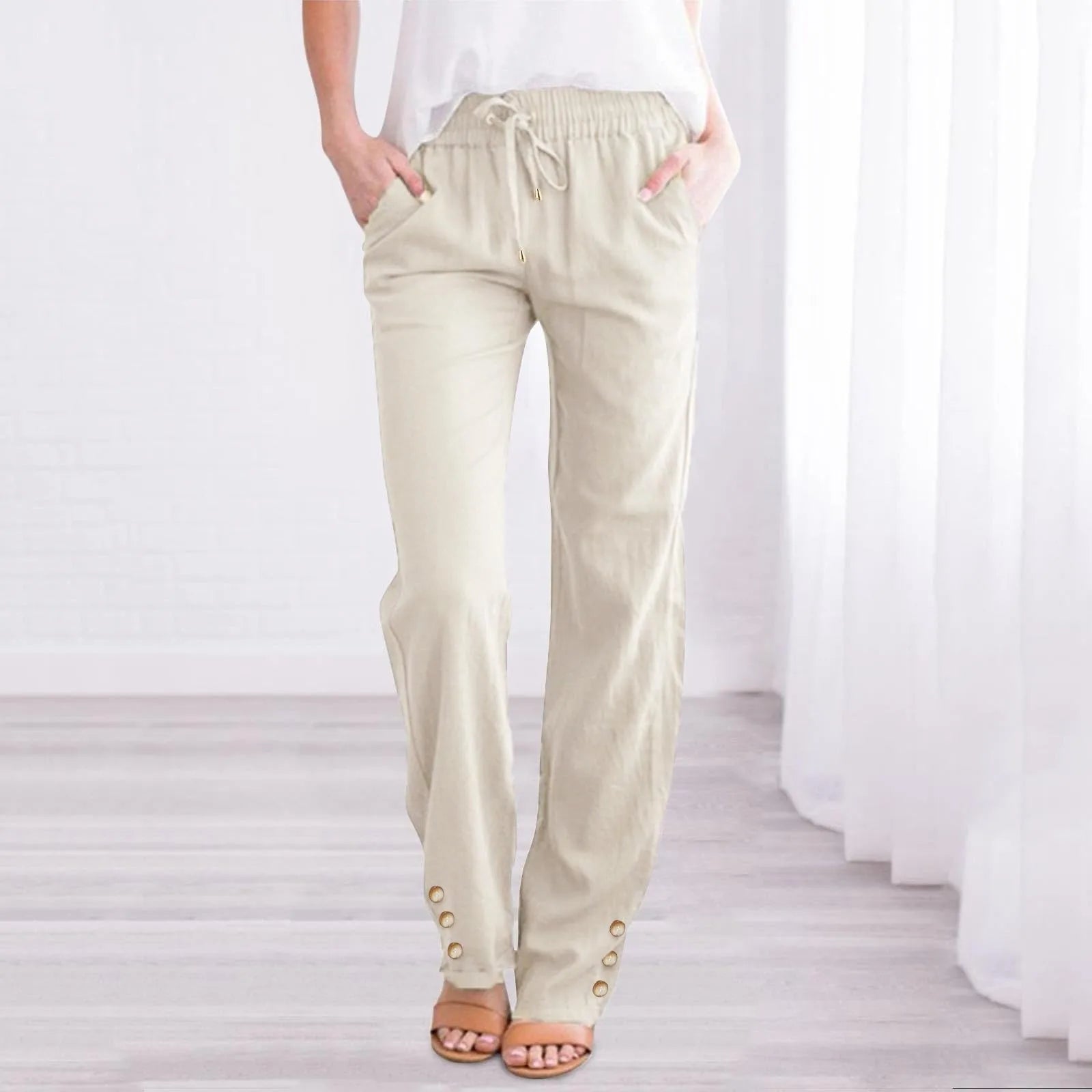 Women'S Fashionable Pants Casual Summer New Straight Trousers Solid Color Casual Slim-Fit With Pockets Buttoned Daily Pants