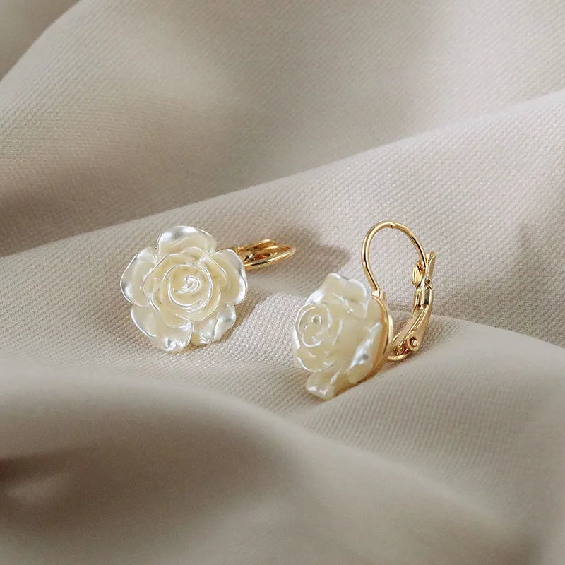 White Camellia Flower Dangle Earrings For Women