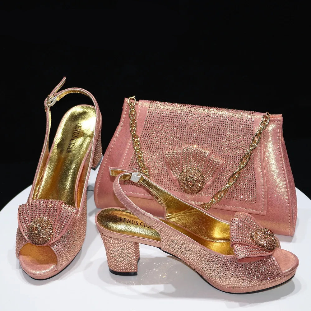Ladies Thin Heels Shoes and Bag Set Decorated with Rhinestones For Women Party